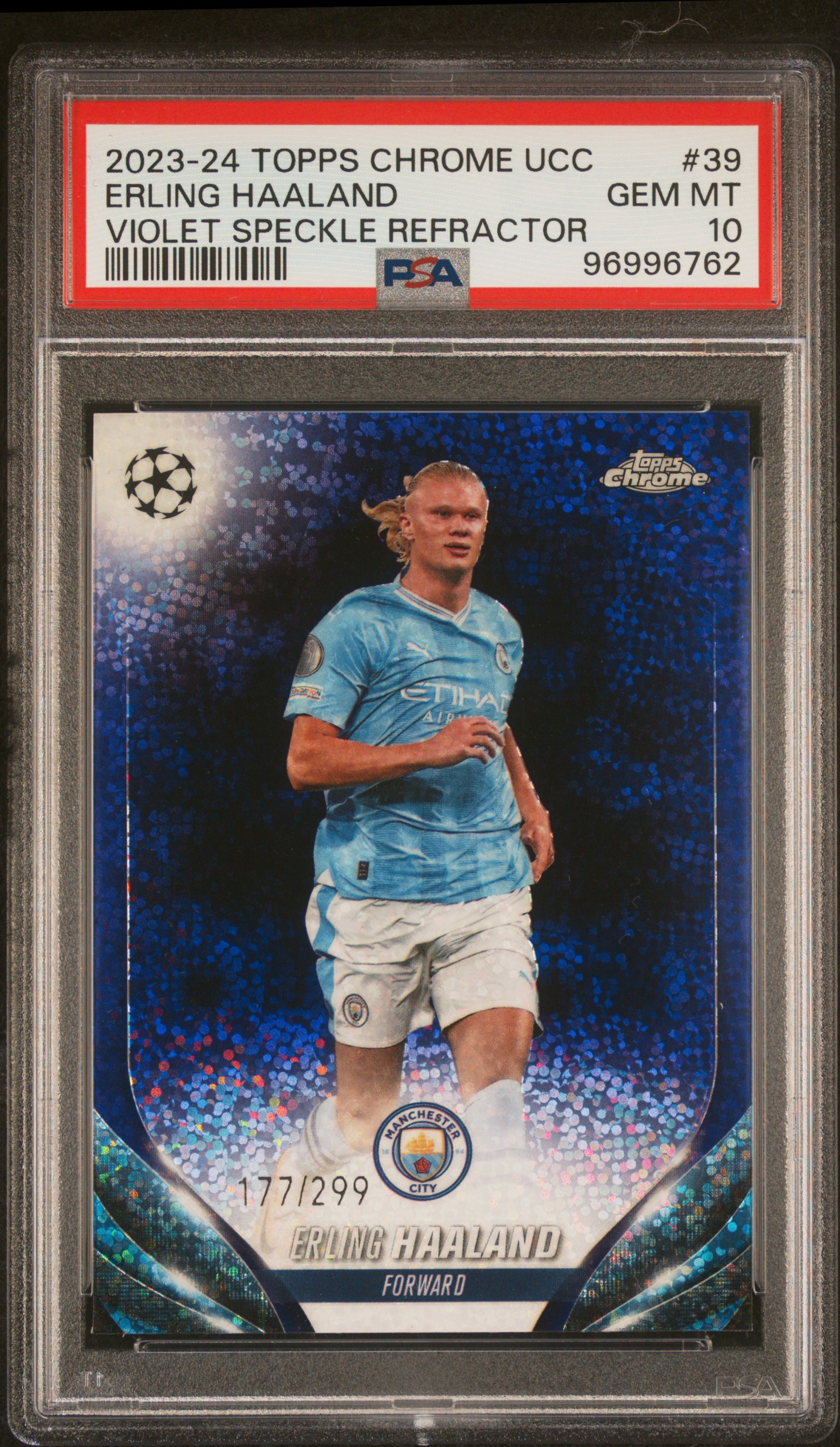 2023-24 Topps Chrome Uefa Club Competitions Erling Haaland #39 (Violet Speckle Refractor) Gem Mt 10 front