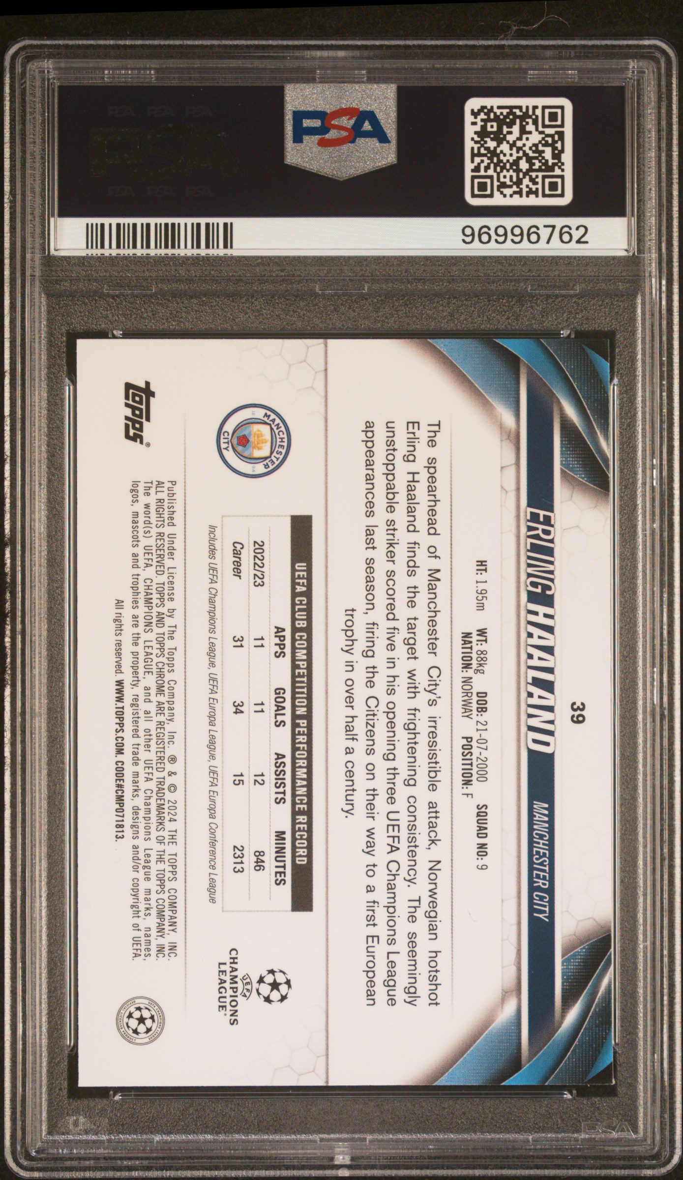 2023-24 Topps Chrome Uefa Club Competitions Erling Haaland #39 (Violet Speckle Refractor) Gem Mt 10 back