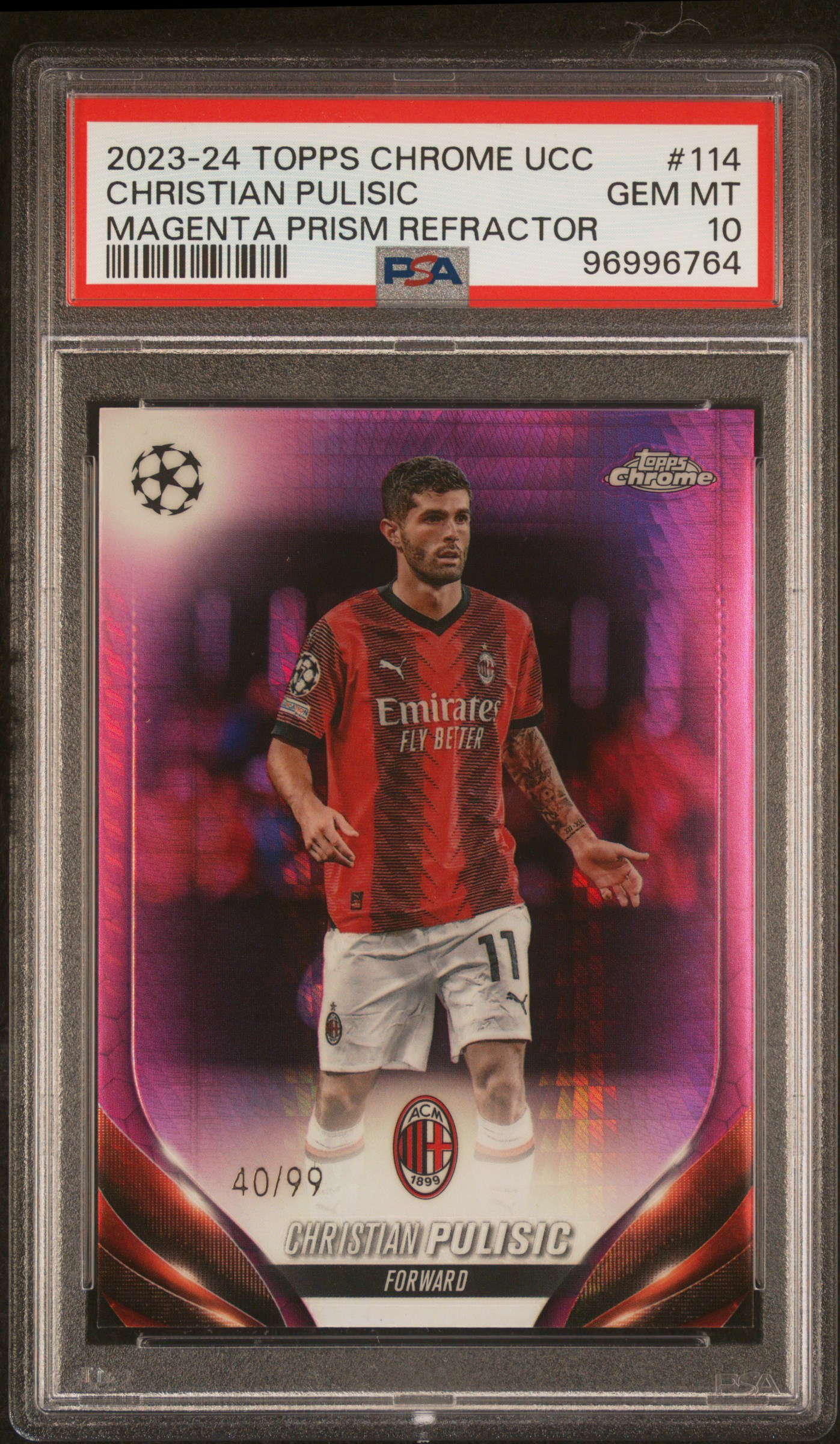 2023-24 Topps Chrome Uefa Club Competitions Christian Pulisic #114 (Magenta Prism Refractor) Gem Mt 10 front
