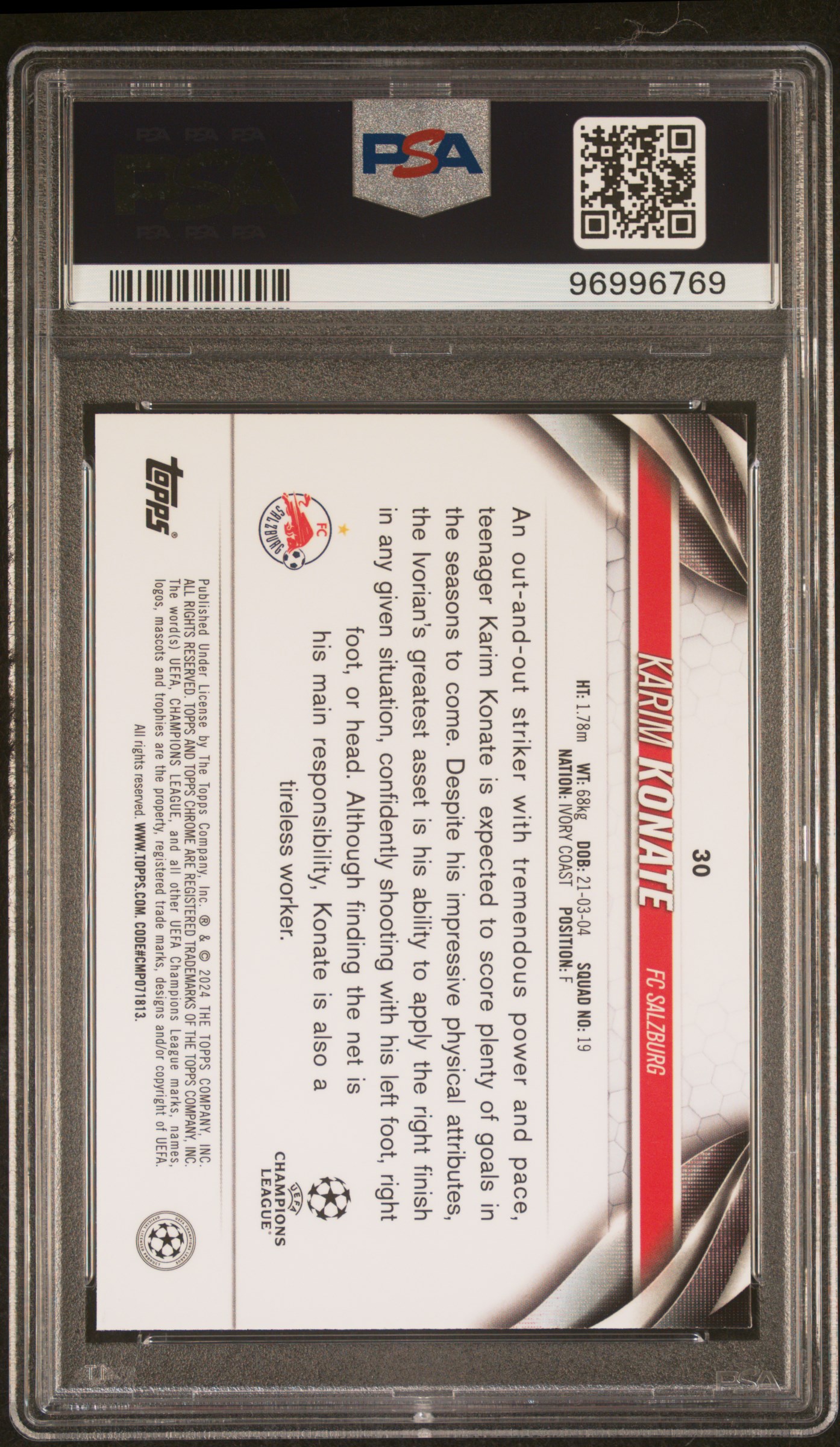 2023-24 Topps Chrome Uefa Club Competitions Karim Konate #30 (Blue Shimmer) Gem Mt 10 back