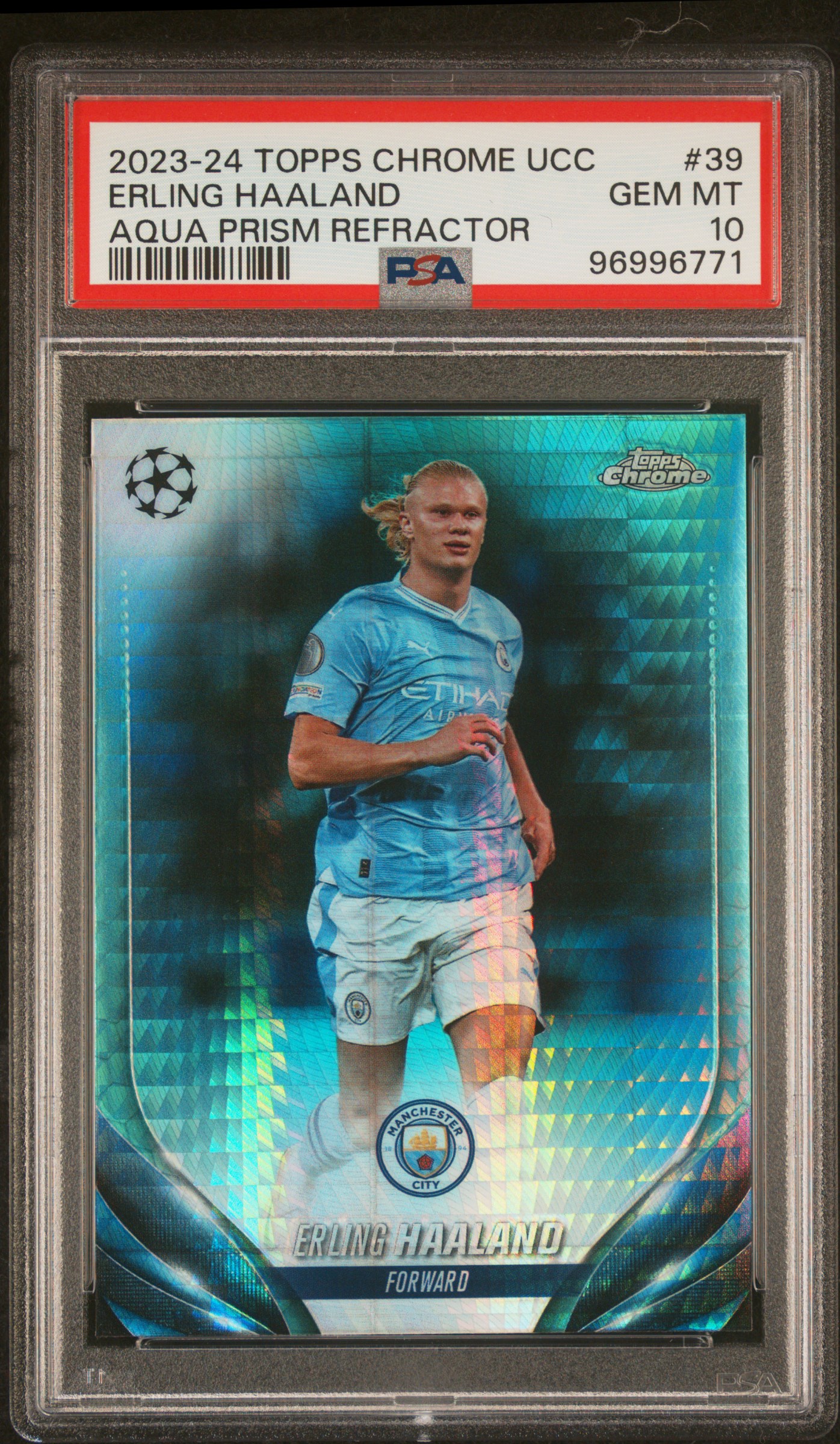 2023-24 Topps Chrome Uefa Club Competitions Erling Haaland #39 (Aqua Prism Refractor) Gem Mt 10 front