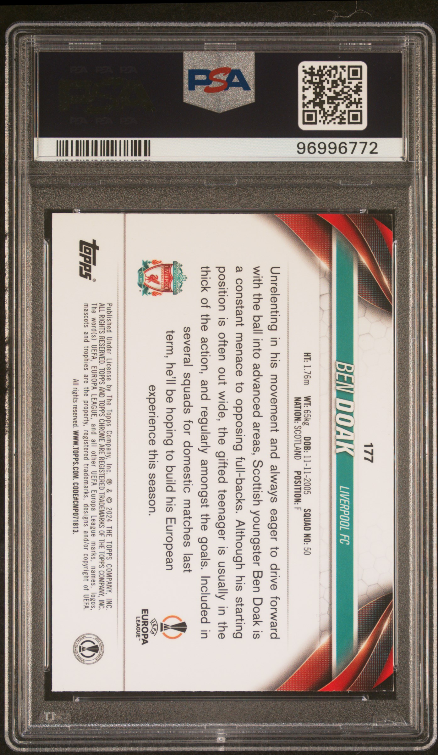 2023-24 Topps Chrome Uefa Club Competitions Ben Doak #177 (Magenta Prism Refractor) Gem Mt 10 back