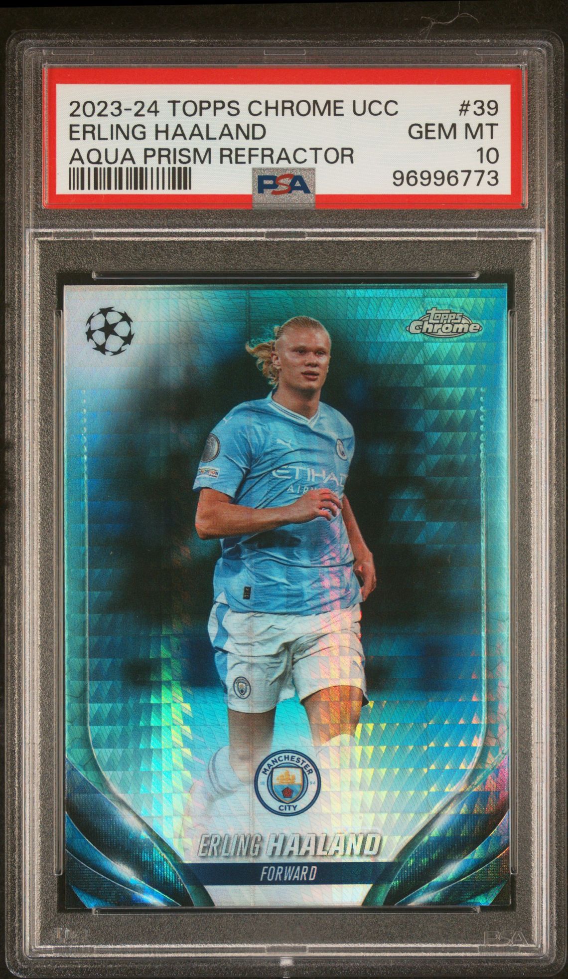 2023-24 Topps Chrome Uefa Club Competitions Erling Haaland #39 (Aqua Prism Refractor) Gem Mt 10 front