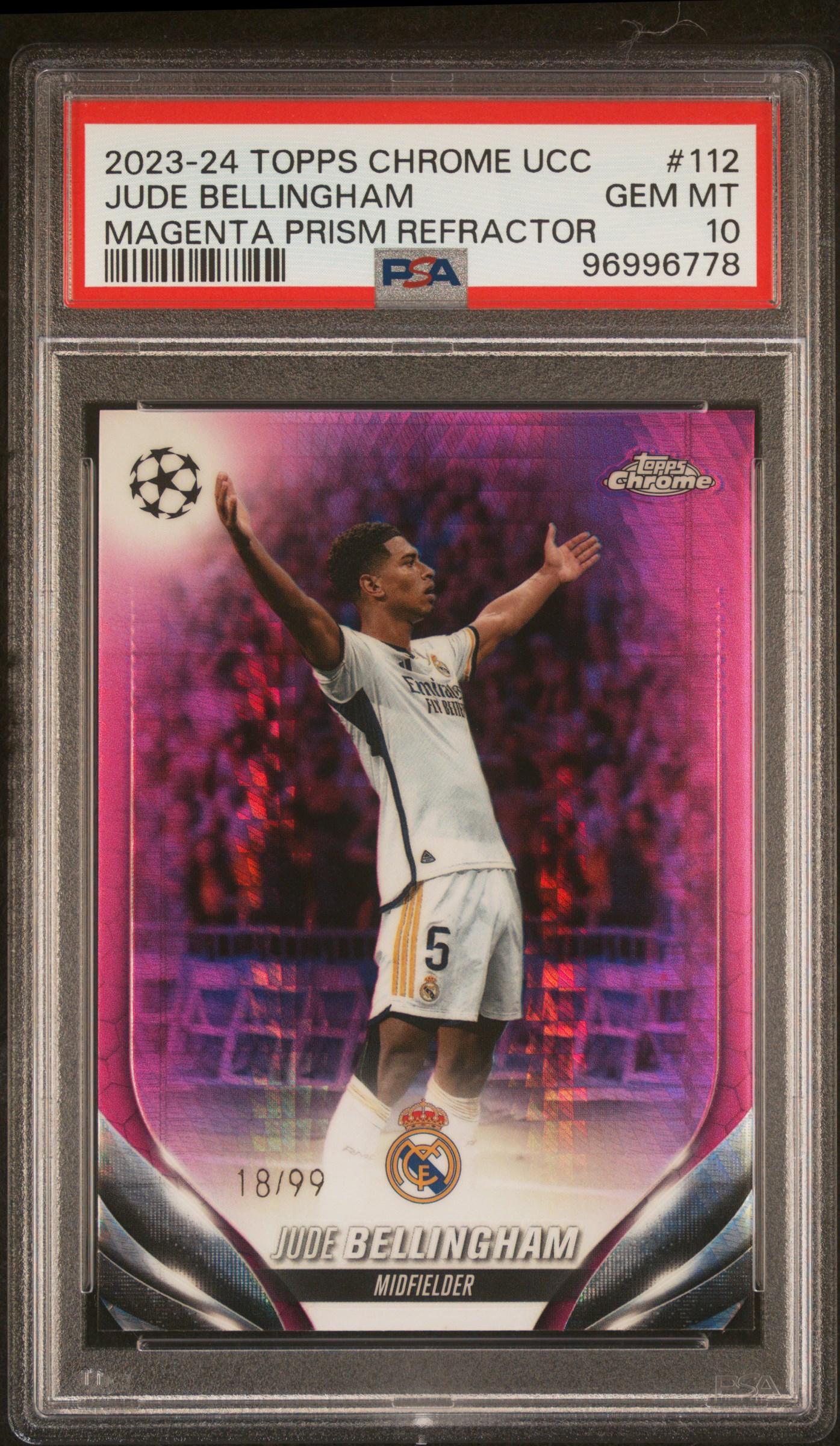 2023-24 Topps Chrome Uefa Club Competitions Jude Bellingham #112 (Magenta Prism Refractor) Gem Mt 10 front