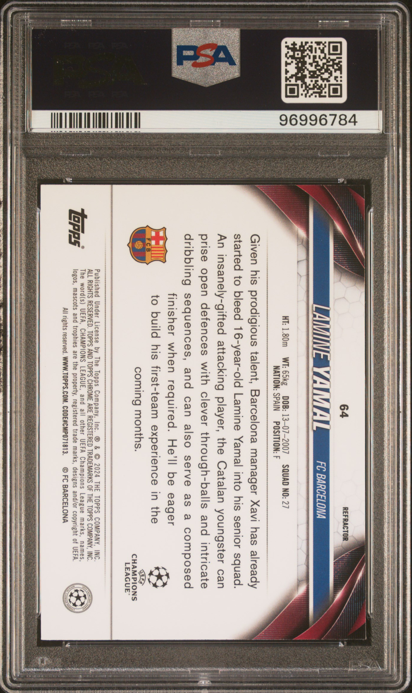 2023-24 Topps Chrome Uefa Club Competitions Lamine Yamal #64 (Refractor) Gem Mt 10 back