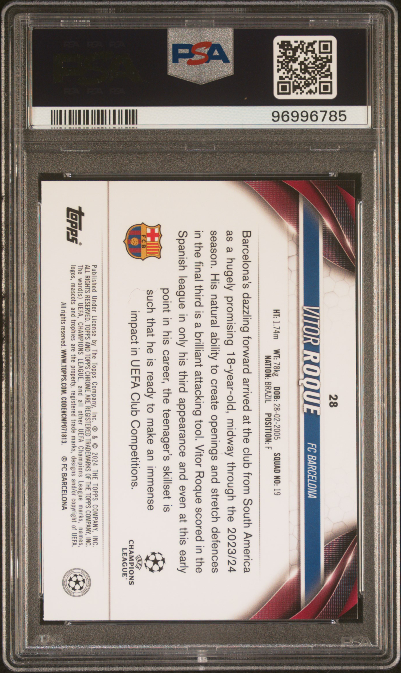 2023-24 Topps Chrome Uefa Club Competitions Vitor Roque #28 (Blue Shimmer) Gem Mt 10 back