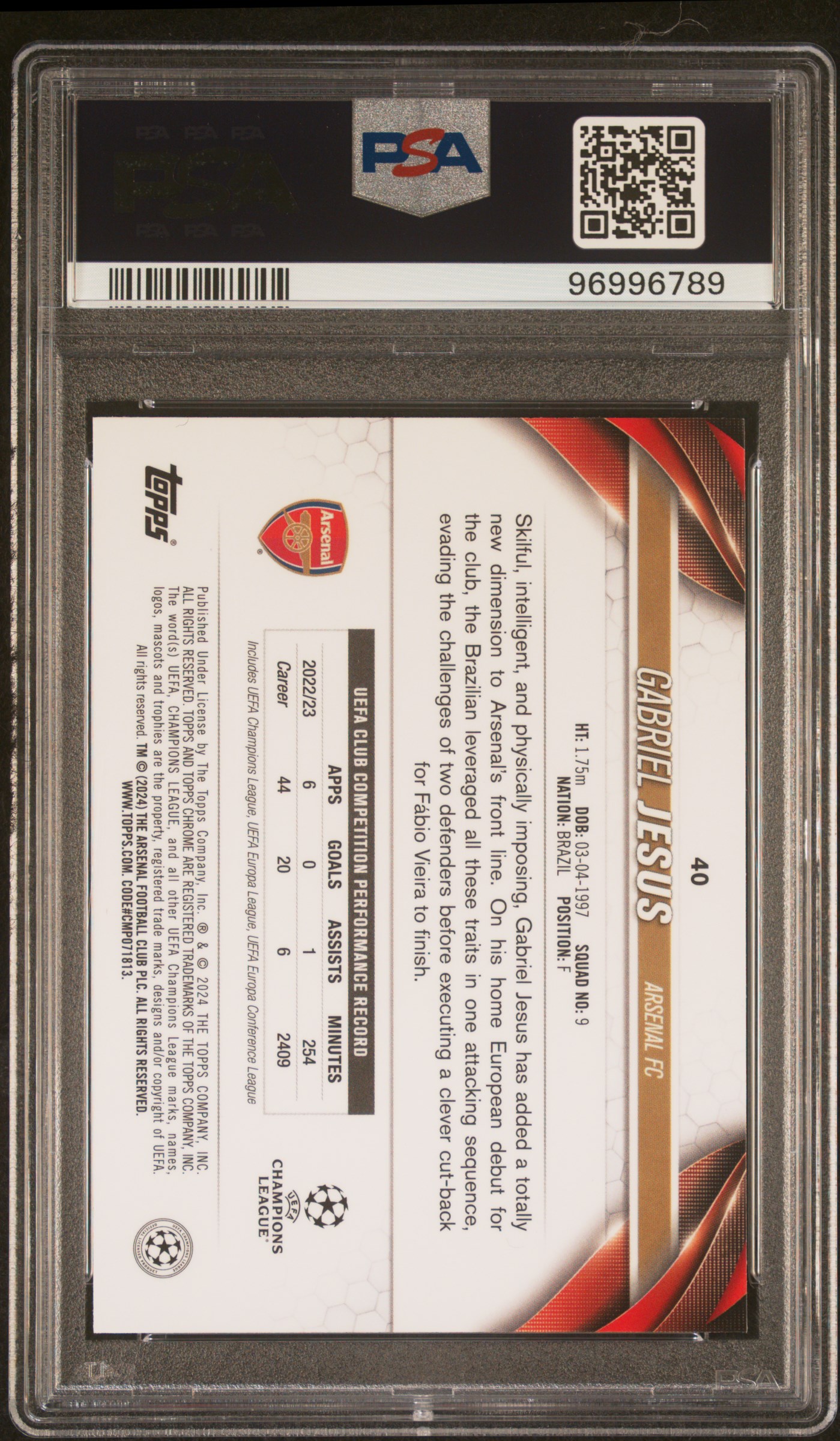 2023-24 Topps Chrome Uefa Club Competitions Gabriel Jesus #40 (Gold Refractor) Gem Mt 10 back