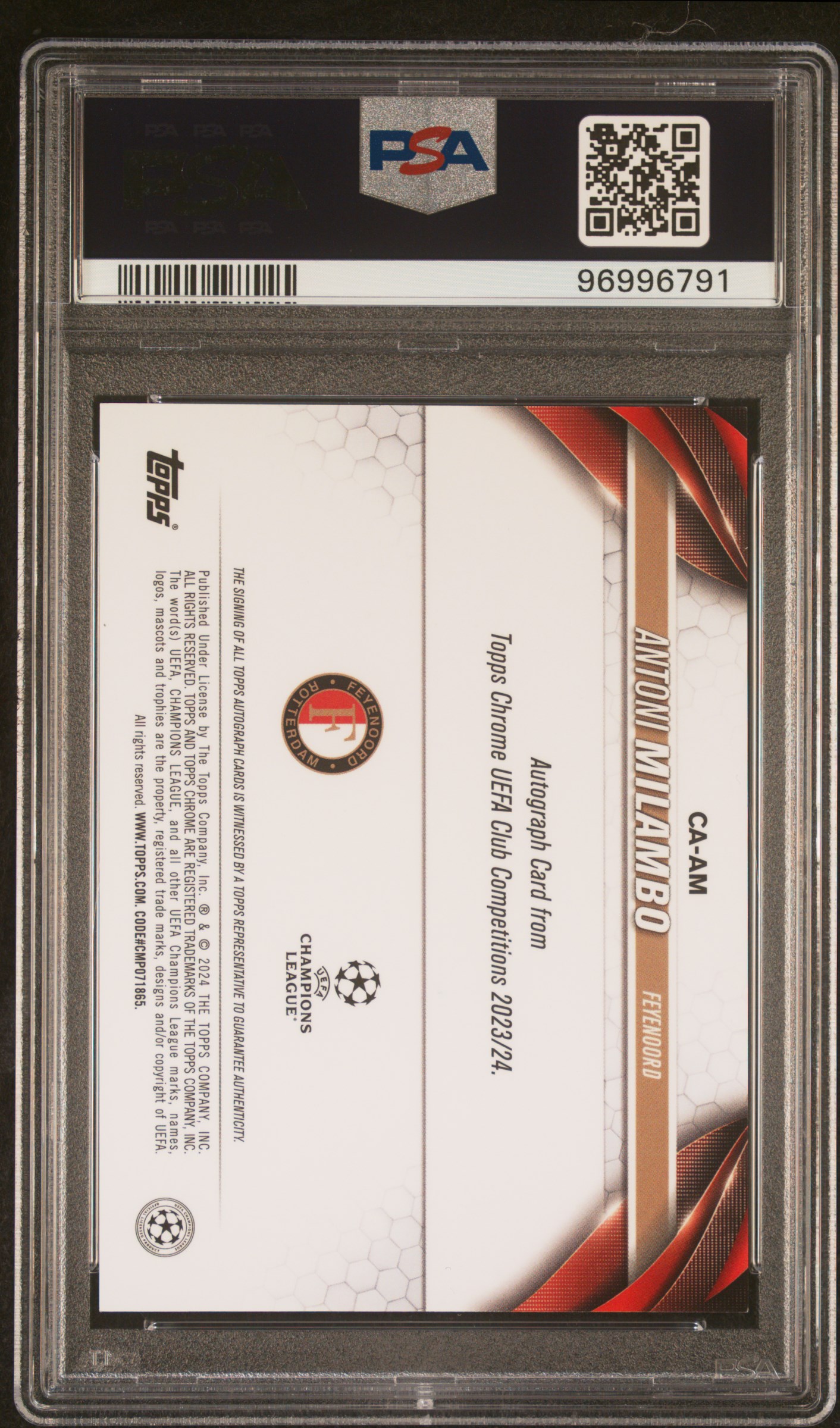 2023-24 Topps Chrome Uefa Club Competitions Chrome Autographs Antoni Milambo #Am (Autograph-Pink Shimmer) Gem Mt 10 back