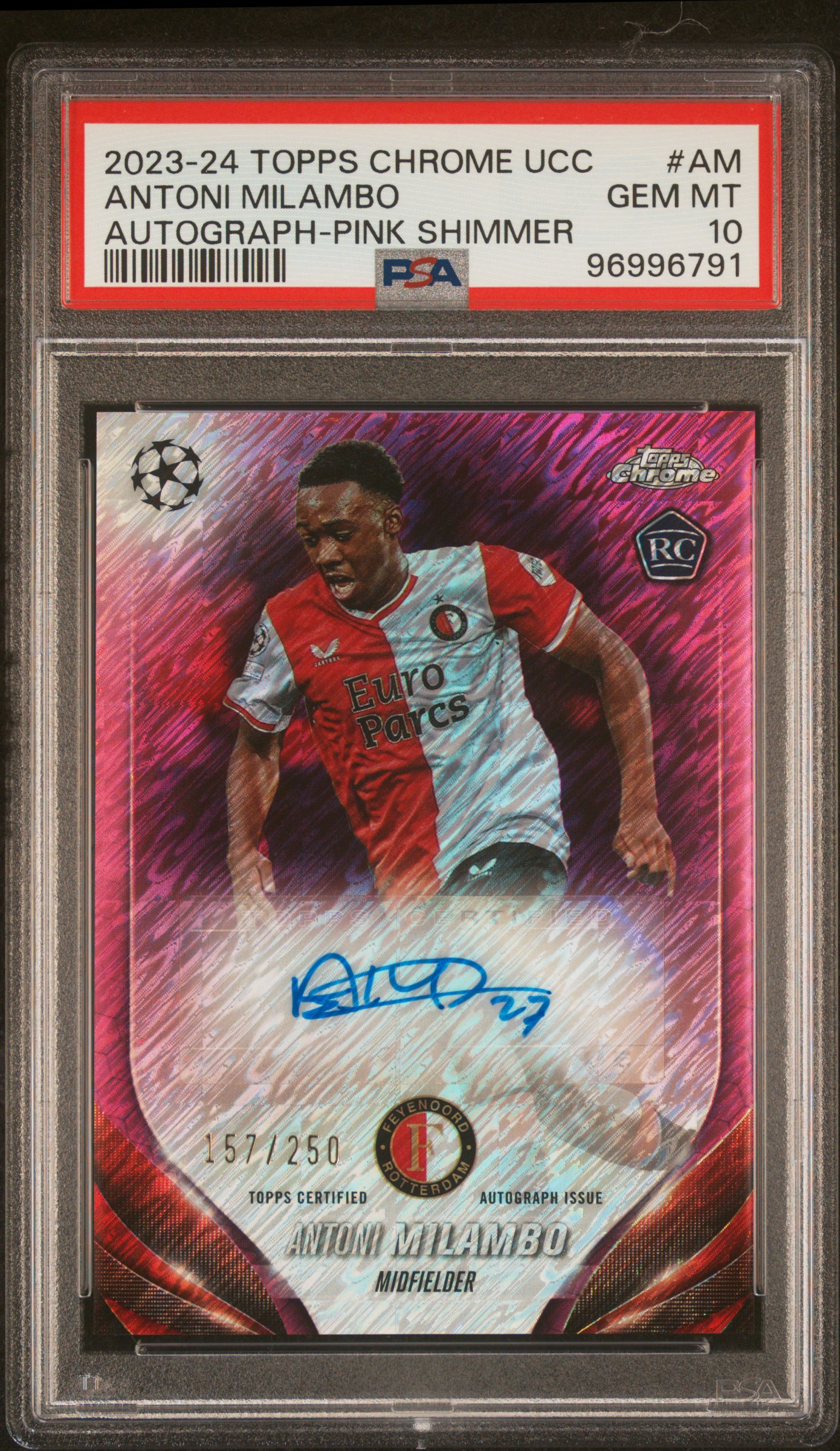 2023-24 Topps Chrome Uefa Club Competitions Chrome Autographs Antoni Milambo #Am (Autograph-Pink Shimmer) Gem Mt 10 front