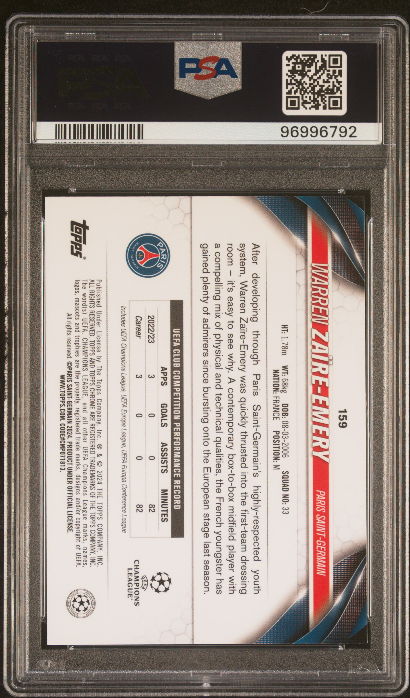 2023-24 Topps Chrome Uefa Club Competitions Warren Zaire-Emery #159 (Gold Refractor) Gem Mt 10 back