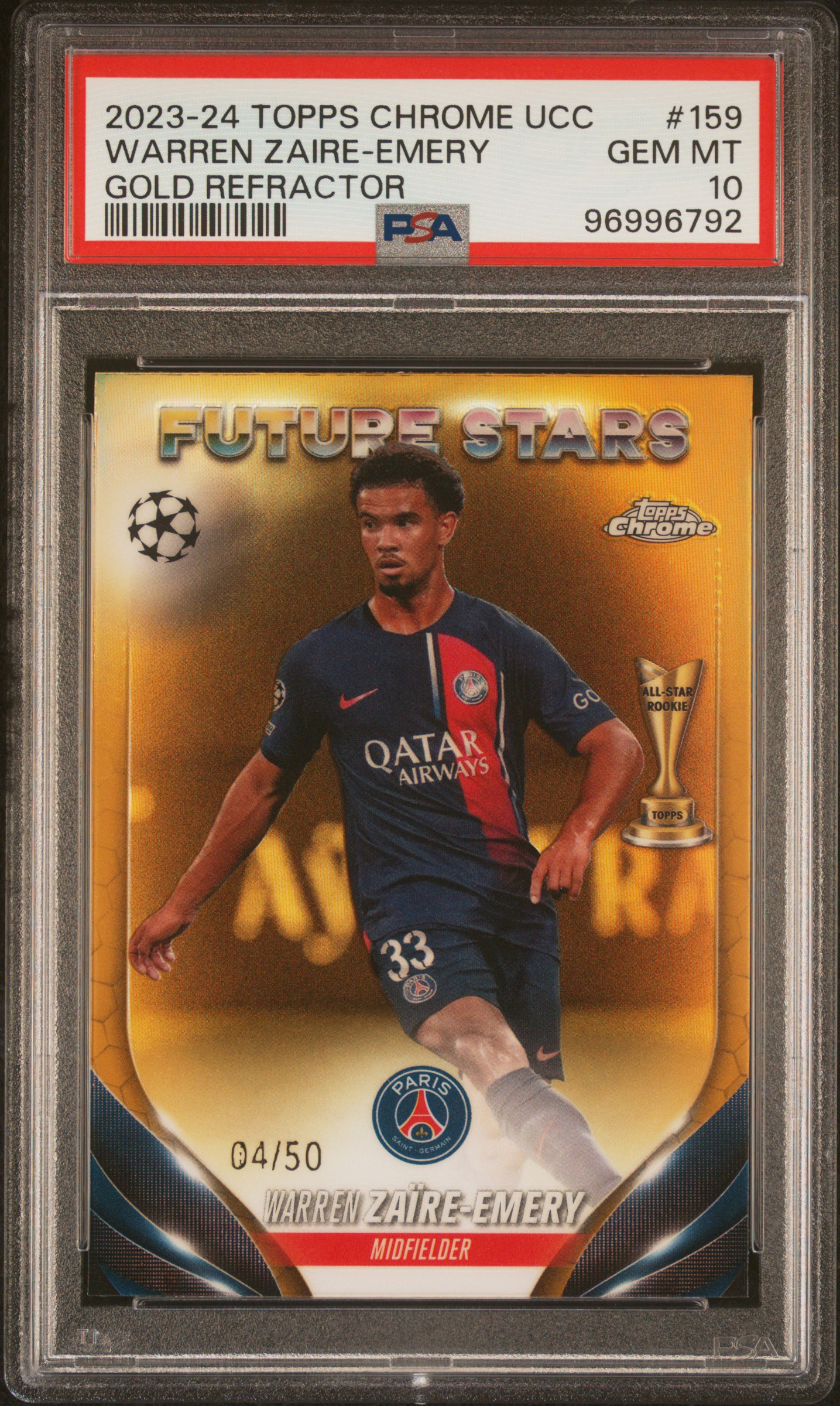 2023-24 Topps Chrome Uefa Club Competitions Warren Zaire-Emery #159 (Gold Refractor) Gem Mt 10 front