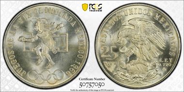 1968-Mo 25 Peso Olympic KM-479.1 Rings Align, Straight Tongue MS67