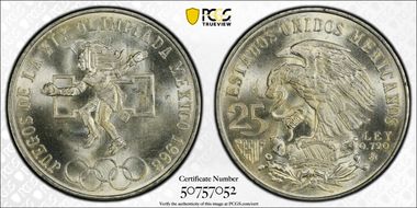 1968-Mo 25 Peso Olympic KM-479.1 Rings Align, Straight Tongue MS67
