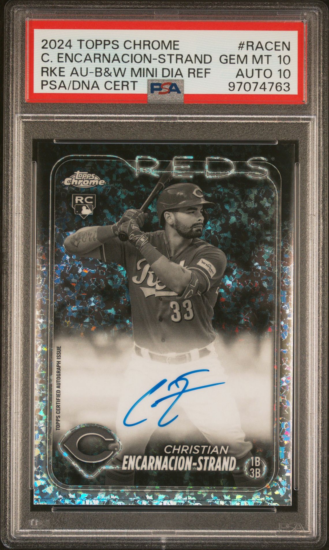 2024 Topps Chrome Rookie Autographs Christian Encarnacion-Strand #Racen (Rke Au-B&W Mini Dia Ref) Gem Mt 10 front