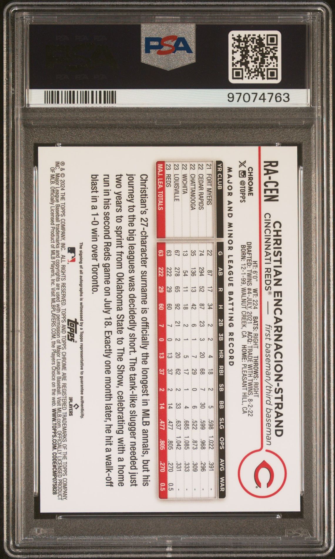 2024 Topps Chrome Rookie Autographs Christian Encarnacion-Strand #Racen (Rke Au-B&W Mini Dia Ref) Gem Mt 10 back
