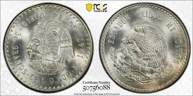 1947-Mo 5 Peso Cuauhtemoc KM-465 Ag MS67