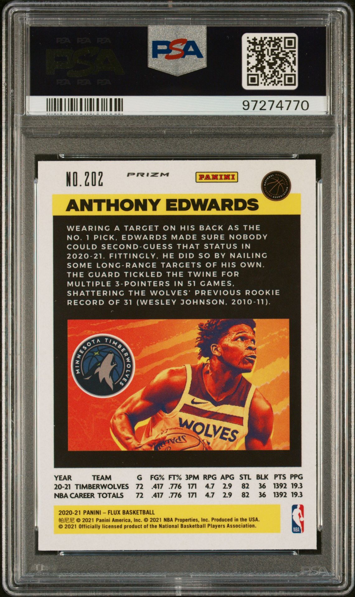 2020 Panini Flux Anthony Edwards #202 (Pulsar) Gem Mt 10 back