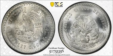 1948-Mo 5 Peso Cuauhtemoc KM-465 Ag MS66