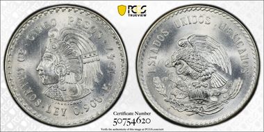 1947-Mo 5 Peso Cuauhtemoc KM-465 Ag MS66