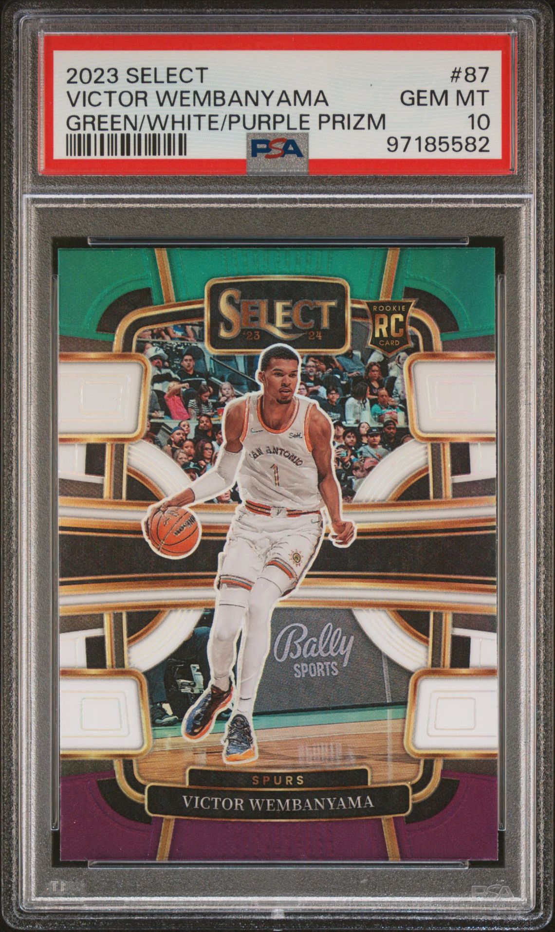 2023 Panini Select Victor Wembanyama #87 (Green/White/Purple Prizm) Gem Mt 10 front view - PSA graded GEM MT 10