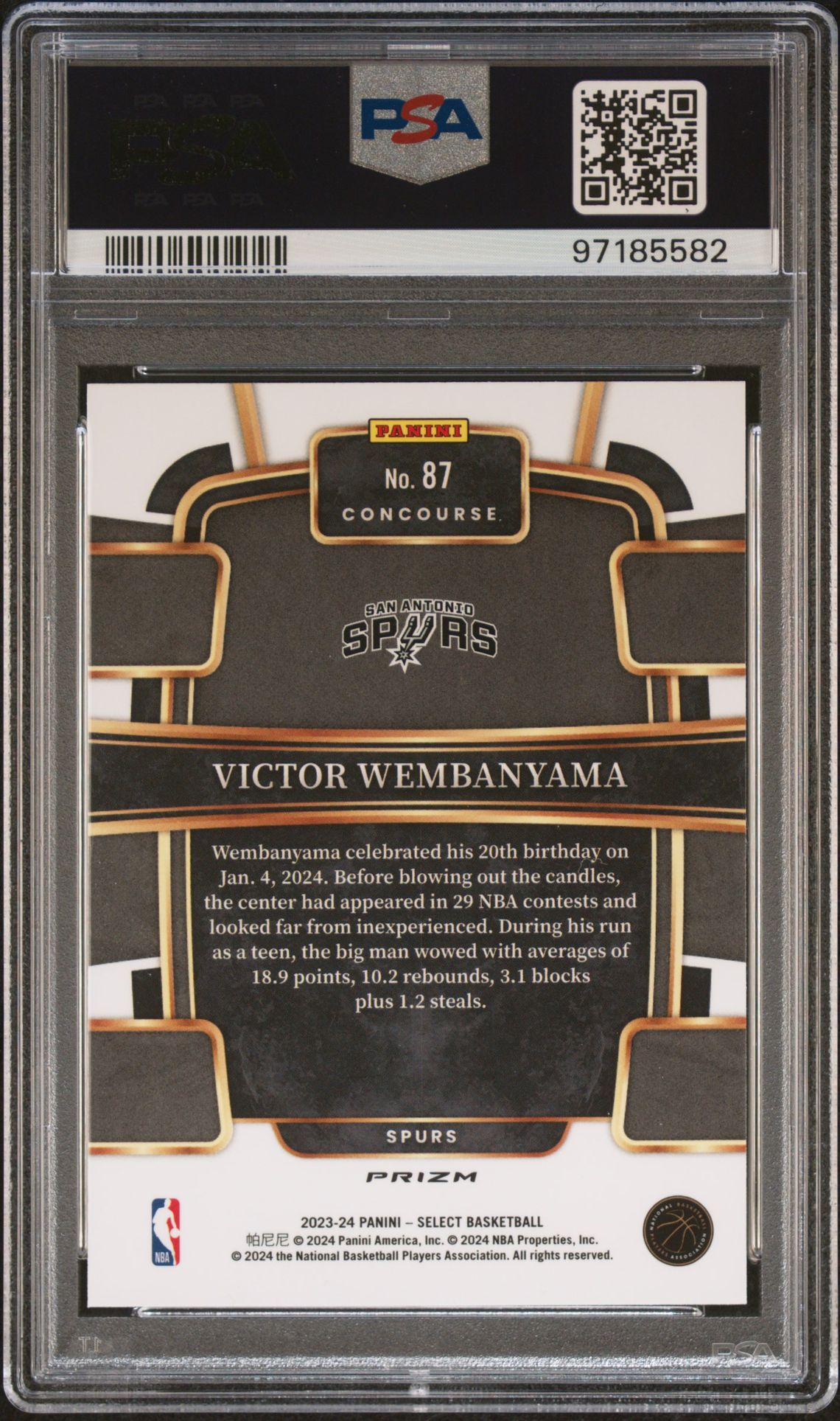 2023 Panini Select Victor Wembanyama #87 (Green/White/Purple Prizm) Gem Mt 10 back view - PSA certificate #97185582