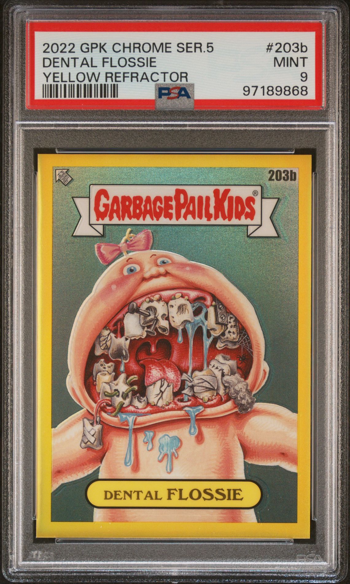 2022 Topps GARBAGE PAIL KIDS CHROME YELLOW REFRACTOR #203B Dental Flossie front
