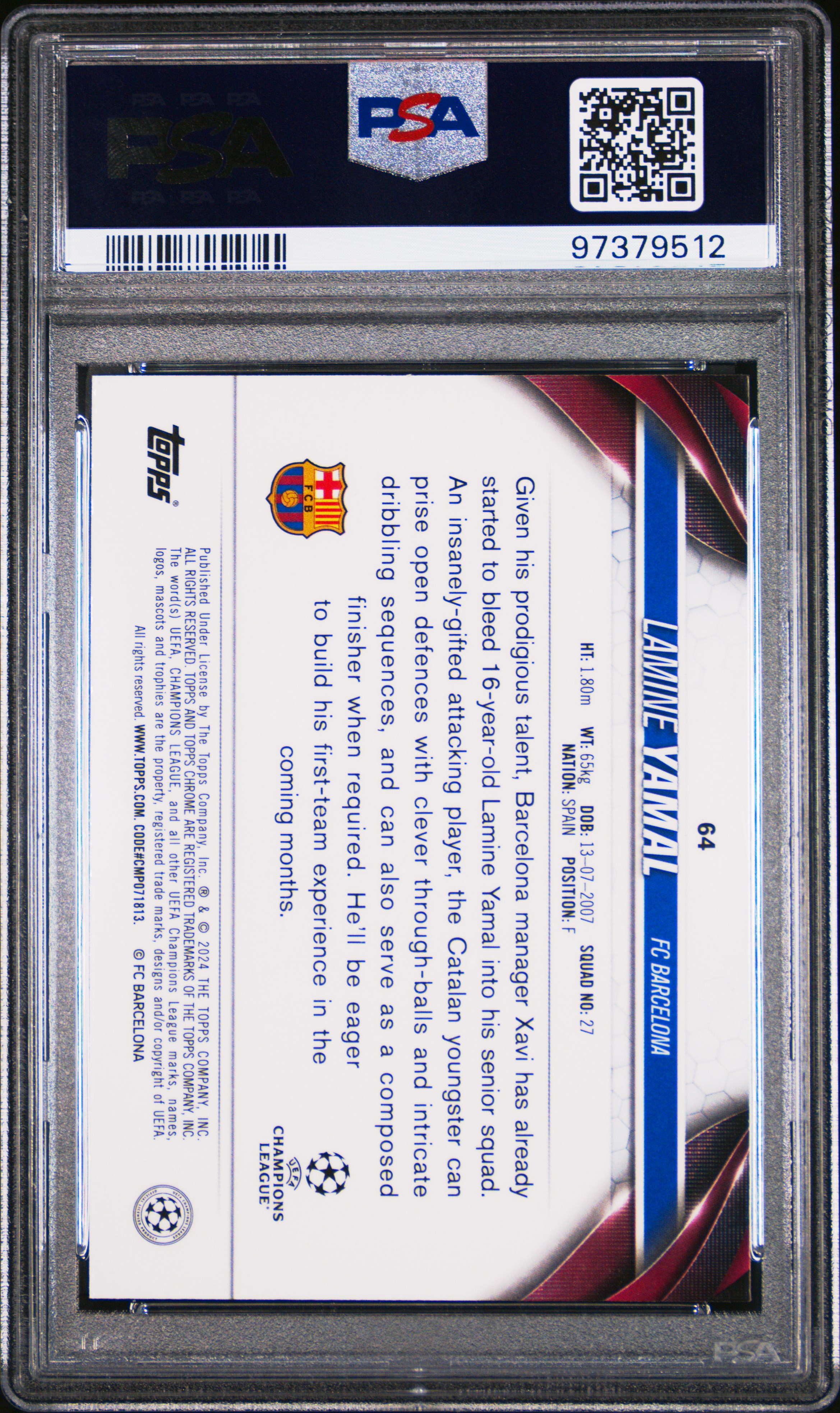2023-24 Topps Chrome Uefa Club Competitions Lamine Yamal #64 Gem Mt 10 back