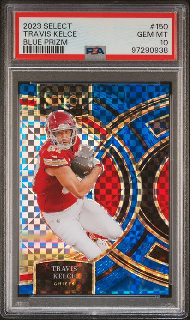 2023 Panini Select Travis Kelce #150 (Blue Prizm) Gem Mt 10 front