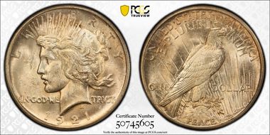 1921 $1 High Relief, Peace MS63