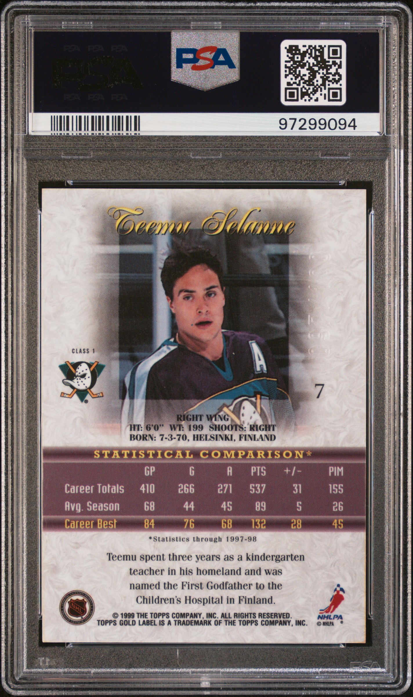 1998 Topps Gold Label Class 1 Teemu Selanne #7 (Class 1-Red Label) Mint 9 back