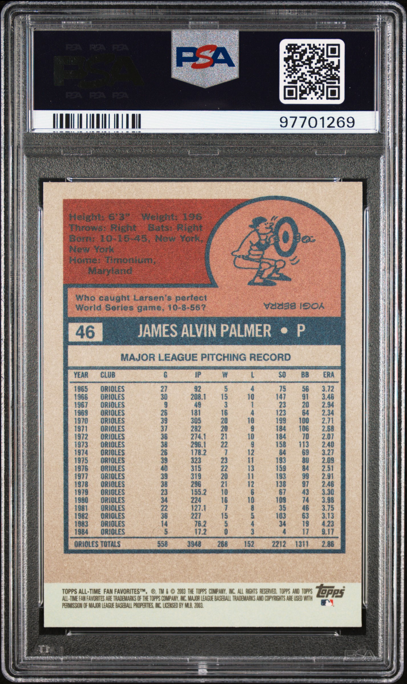 2003 Topps All-Time Fan Favorites Jim Palmer #46 (Fan Favorites) back