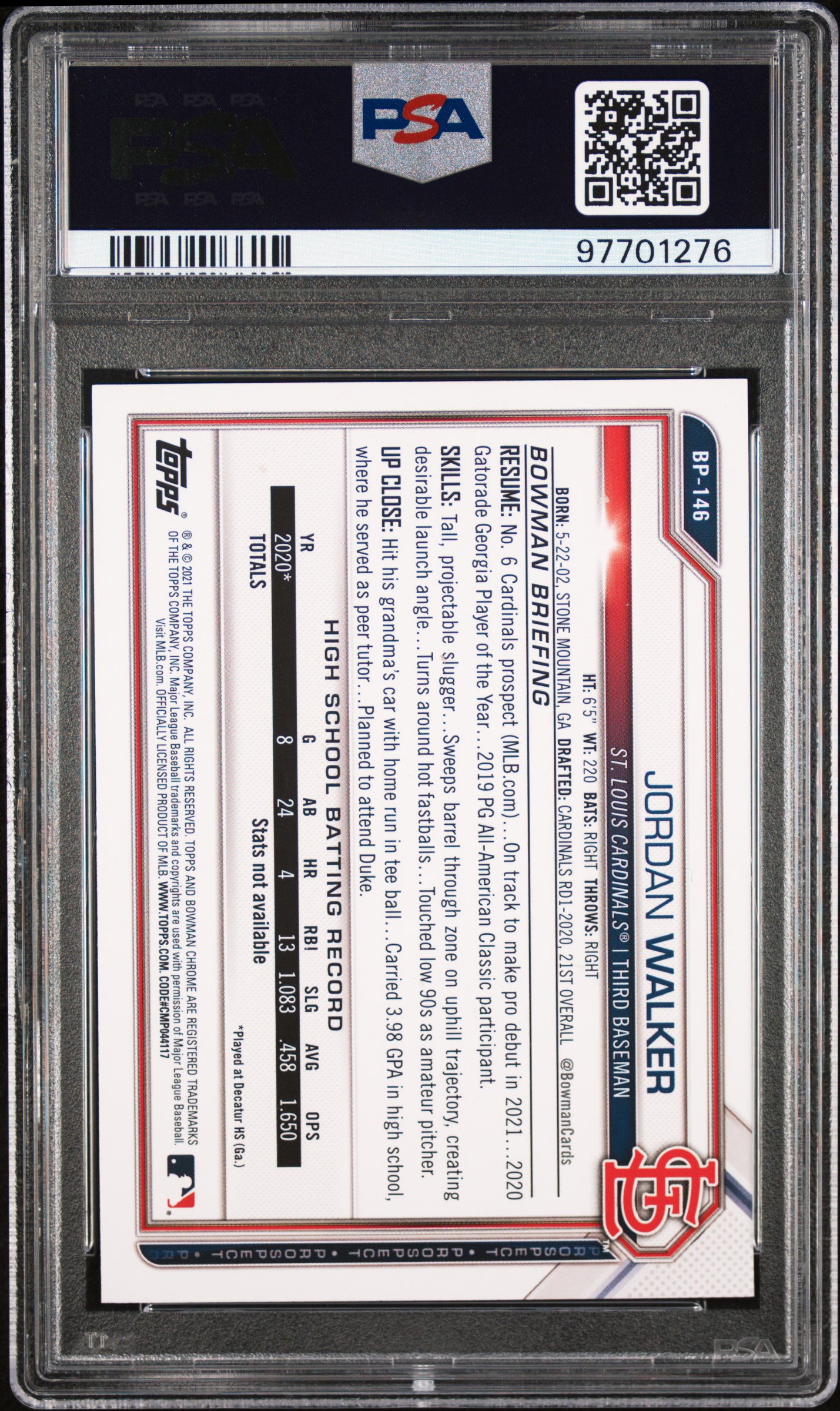 2021 Bowman Paper Prospects Jordan Walker #Bp146 (Paper Prospects) back