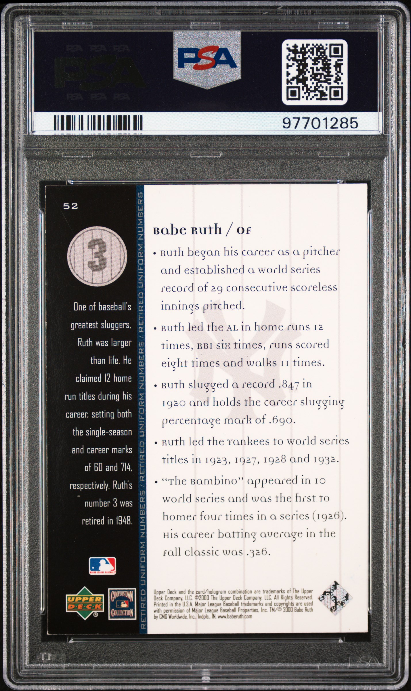 2000 Upper Deck Yankees Legends Babe Ruth #52 (Babe Ruth) back