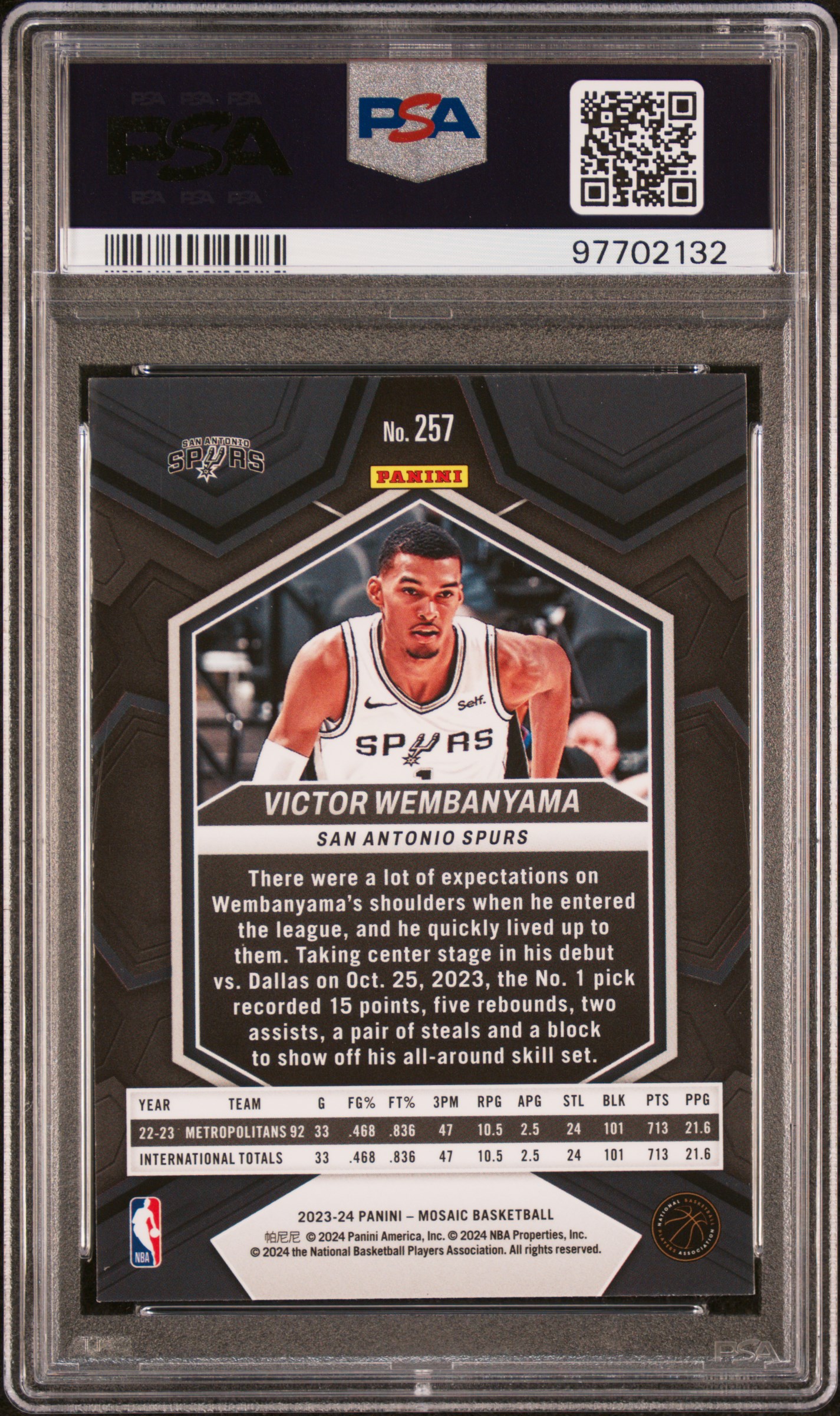 2023 Panini Mosaic Victor Wembanyama #257 Mint 9 back