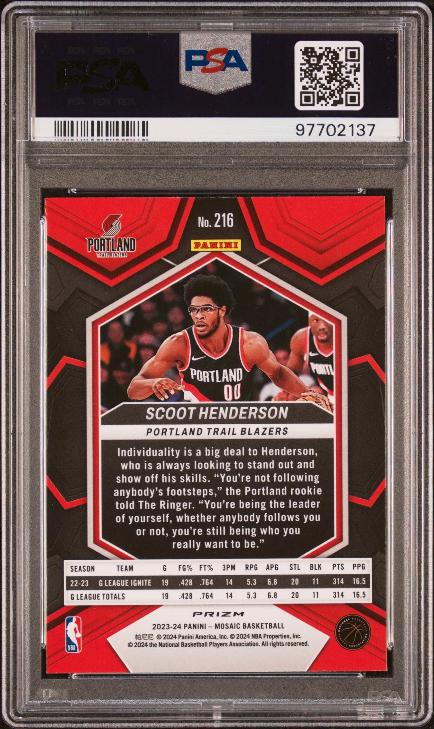 2023 Panini Mosaic Scoot Henderson #216 (Green) Gem Mt 10 back