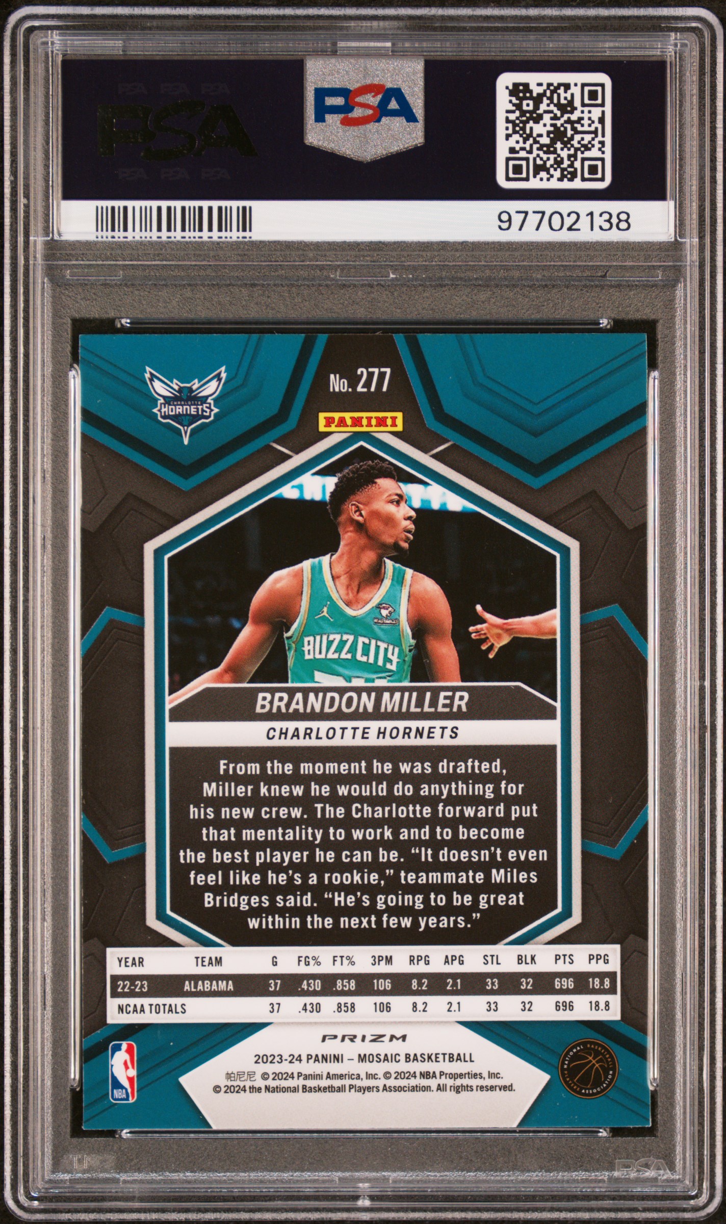 2023 Panini Mosaic Brandon Miller #277 (Mosaic) Mint 9 back