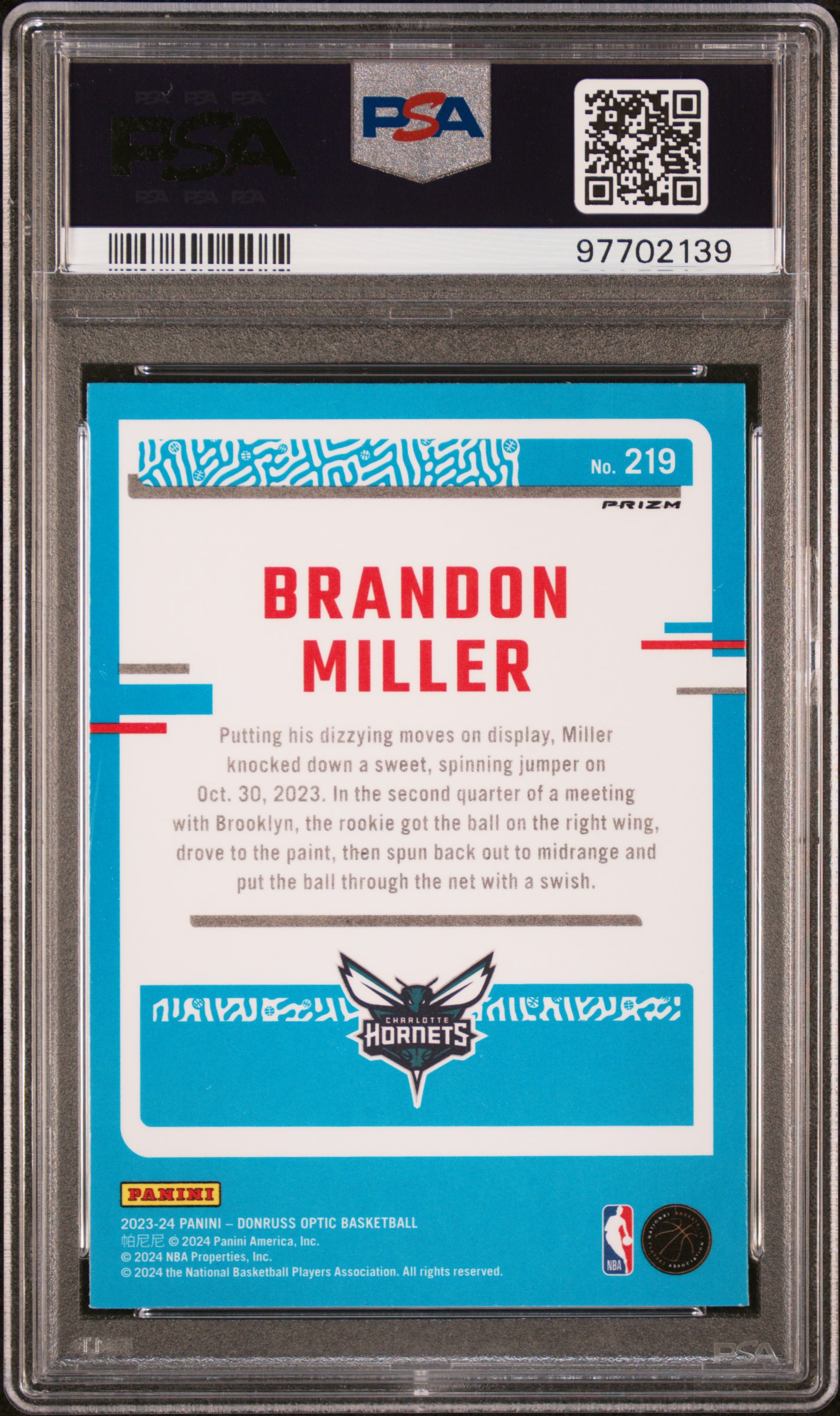2023 Panini Donruss Optic Brandon Miller #219 (Holo) Mint 9 back