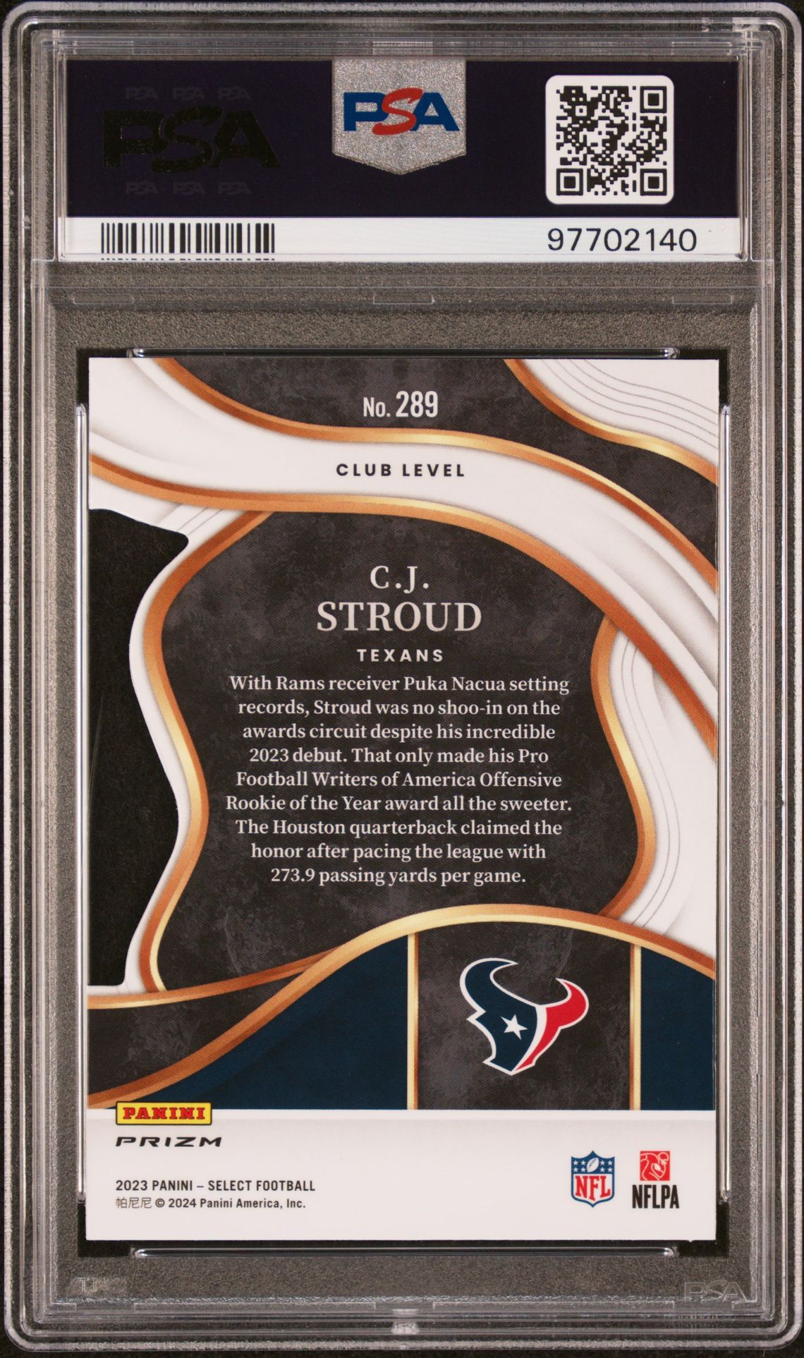 2023 Panini Select Cj Stroud #289 (Die-Cut Silver Prizm) Gem Mt 10 back