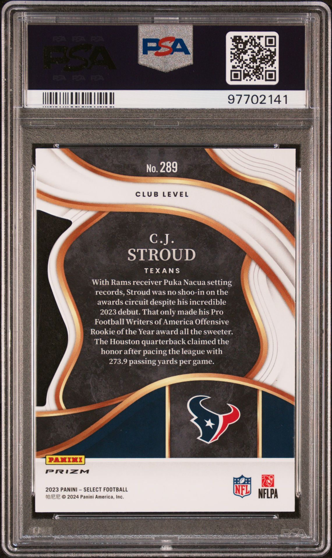 2023 Panini Select Cj Stroud #289 (Die-Cut Red & Yellow Prizm) Gem Mt 10 back