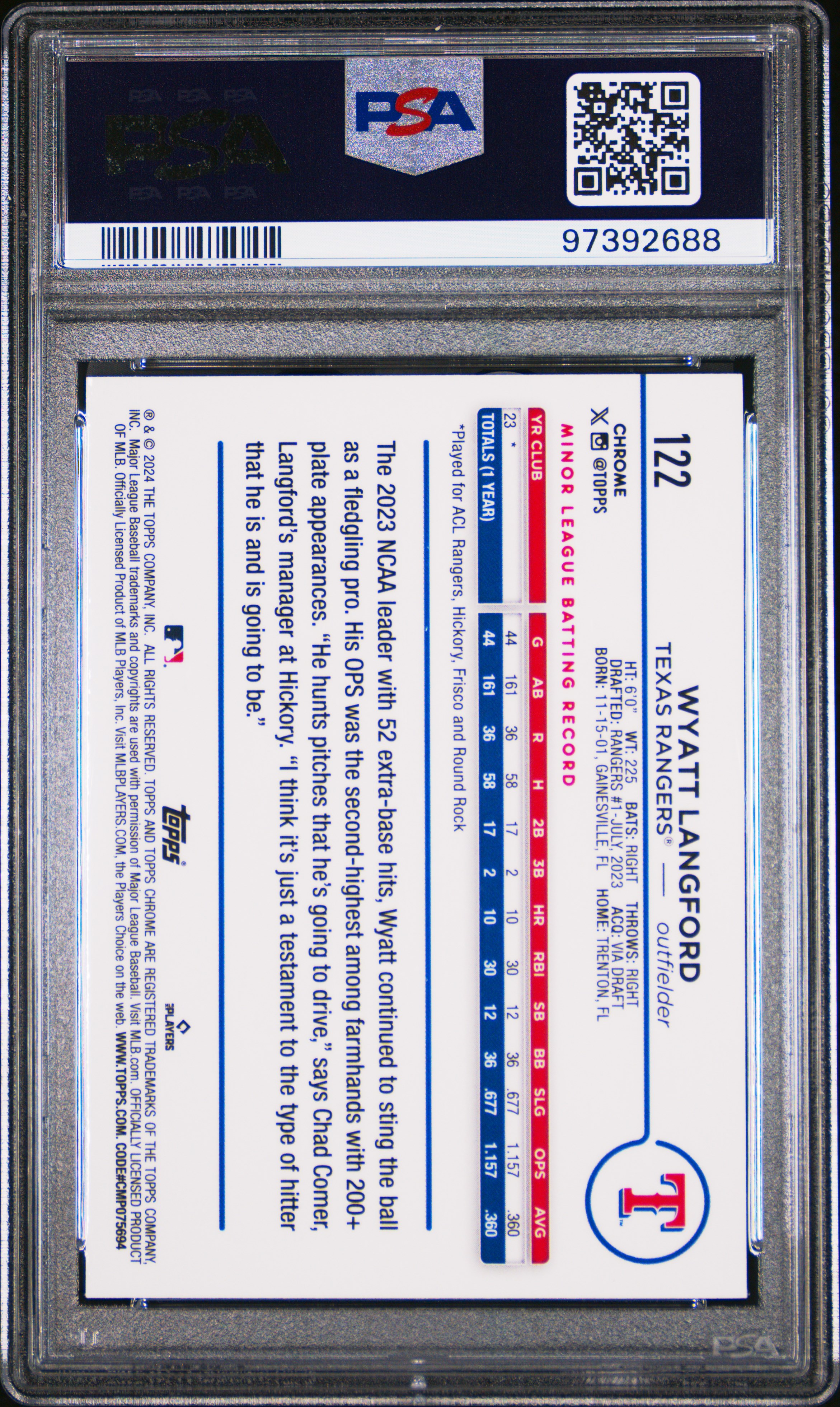 2024 Topps Chrome Wyatt Langford #122 (Blue Refractor) Gem Mt 10 back