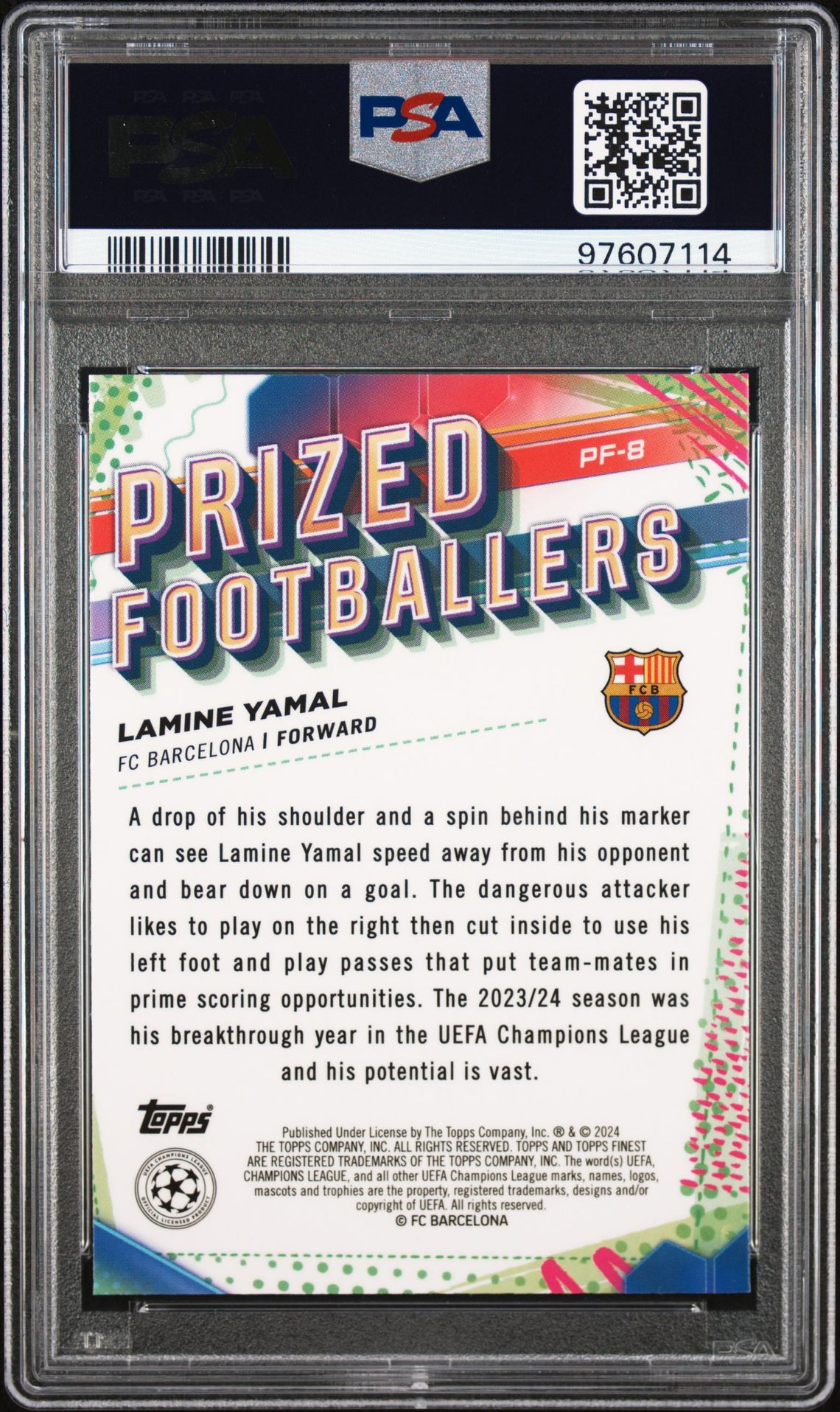 2023-24 Topps Finest Uefa Club Competitions Prized Footballers Lamine Yamal #Pf8 (Prized Footballer) Gem Mt 10 back