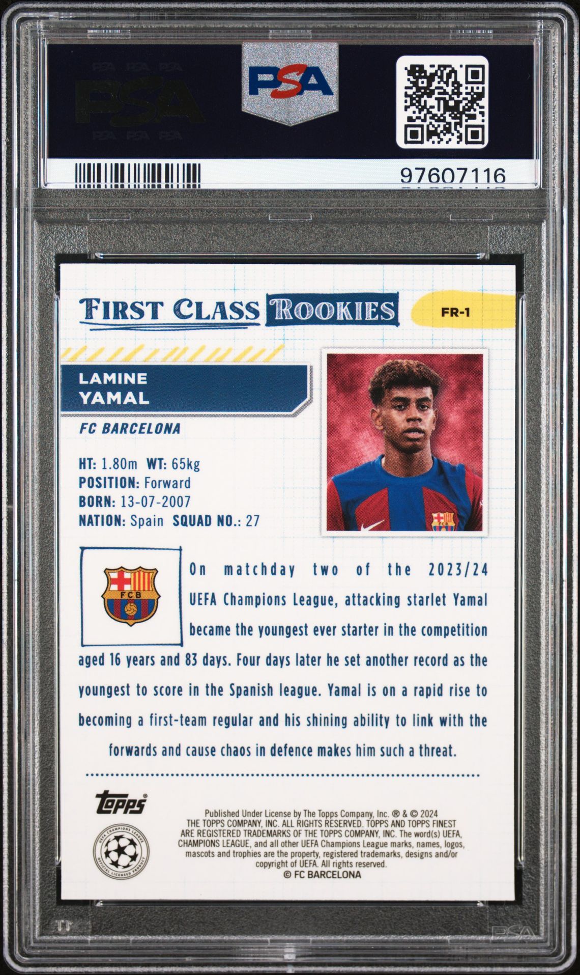 2023-24 Topps Finest Uefa Club Competitions Finest First Class Rookies Lamine Yamal #Fr1 Gem Mt 10 back