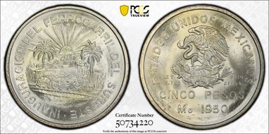 1950-Mo 5 Peso Southeastern Railroad KM-466  Ag MS65