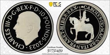 2023 £10 Charles I 5oz Ag Pft PR70DCAM