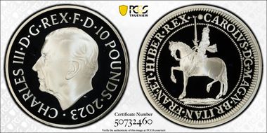 2023 £10 Charles I 5oz Ag PR69DCAM