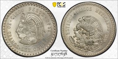 1948-Mo 5 Peso Cuauhtemoc KM-465  Ag MS67