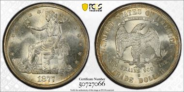 1877-S T$1 C-3 Broken Arrows, Chopmarked MS62