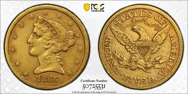 1866 $5 Motto VF35