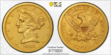 1866-S $5 Motto VF25