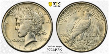 1921 $1 High Relief, Peace AU58